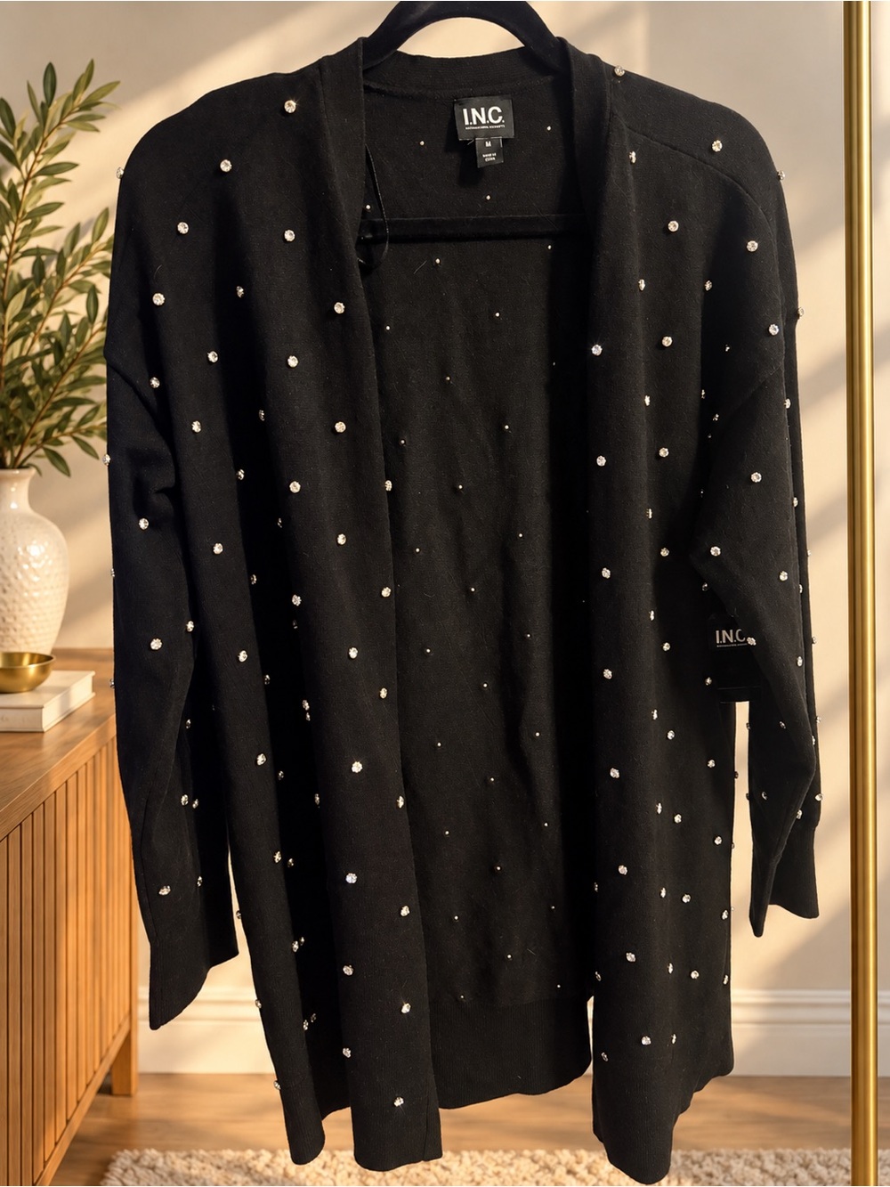 INC Rhinestone Embellished Open-Front Cardigan Black